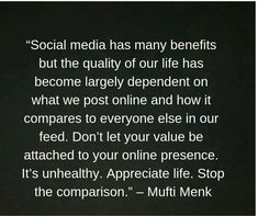 a black and white photo with the words social media has many benefits but the quality of our life has become largely independent