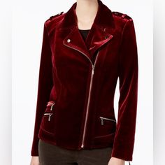 Pt For Rich Jewel Tones Or Effortless Black, Either Way I.N.C. International Concepts' Luxe Velvet Moto Jacket Is The Statement Layer You Need Now. Notched Collar; Zipper Closure At Front 2 Functional Pockets, 1 Decorative Shell: Polyester/Spandex; Lining: All Polyester Machine Washable This Burgundy Inc International Concepts Moto Jacket Is Simply Gorgeous! Lush Velvet With Silver Zippered Hardware, Functional Zippered Pockets, Fully Lined. Used But In Like New, Never Worn Condition. Smoke Free Moto Jacket Outfit, Red Velvet Jacket, Pirate Wench, Statement Coat, Jacket Outfit, Black Puffer, Winter Fashion Outfits, Coat Fashion, Red Jacket