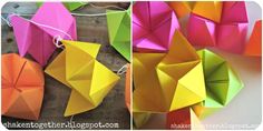 three different views of an origami bird made out of colored paper and string