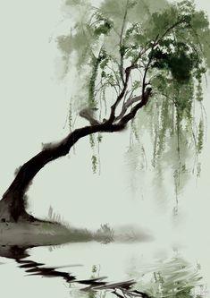 a painting of a tree in the water