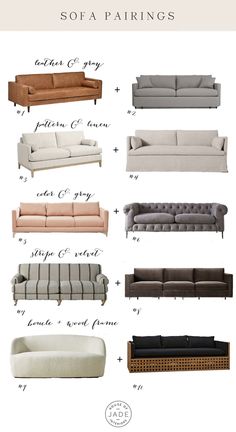 the different types of sofas and loveseats are shown in this image with text overlay