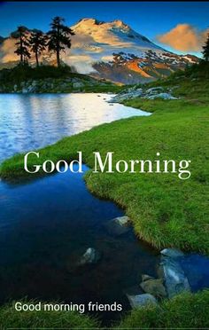 a book cover for good morning with water and grass in the foreground, mountains in the background