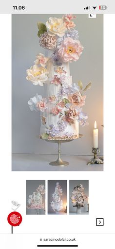 an image of a wedding cake with flowers on the top and candles in the bottom