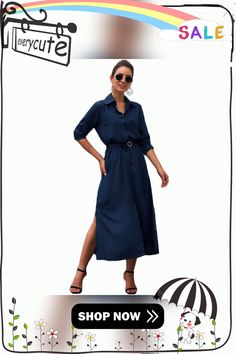 Navy Blue Button Down Split Maxi Shirt Dress Blue Collared Shirt Dress With Pockets, Blue Collared Belted Dress, Casual Button-up Maxi Dress With Button Cuffs, Blue Shirt Dress With Pockets For Work, Blue Belted Button-up Dress, Casual Maxi Dress With Button Cuffs, Belted Blue Shirt Dress For Summer, Button-up Shirt Dress For A Day Out, Button-up Shirt Dress With Buttoned Pockets For Day Out