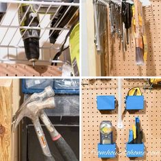 tools are hanging on the pegboard in this collage, including hammers, pliers and wrenches