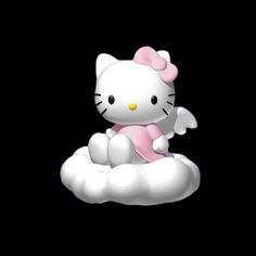 a hello kitty sitting on top of a cloud with a pink bow around its neck