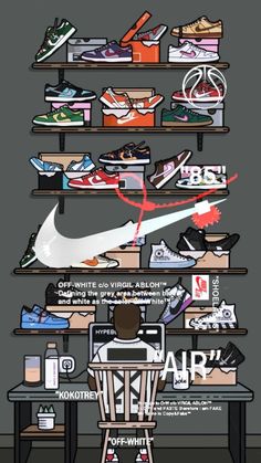 an image of a bunch of nike shoes on the shelf in front of a desk