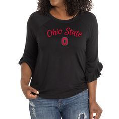 Finish any Ohio State Buckeyes outfit with this Renatta Ruffle Sleeve Top. It features team graphics across the chest and ruffle sleeves for a stylish touch. Tailgating before the game or cheering in the stands, show school spirit with this Ohio State Buckeyes top. Cheerleading Tops For Fall, School Spirit Stretch Tops For Cheerleading, Fall Season Black Top For Sports Fans, Casual Tops For Cheerleading In Fall, School Spirit Tops With Team Name, Cotton Stretch Tops With Team Spirit Style, Stretch Cotton Tops With Team Spirit Style, Cotton Stretch Tops For Team Spirit, Stretch Cotton Tops For Team Spirit