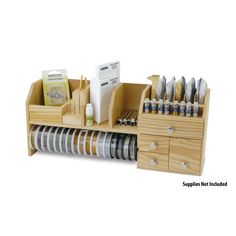 a wooden desk organizer with many different items