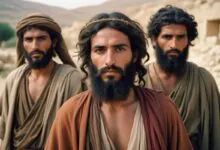 three men with long hair and beards are standing in front of some stone walls