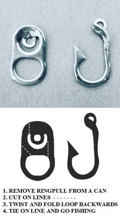 two fishing hooks with the words remove ring pull from a can and cut on lines