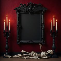 a skeleton laying on the floor in front of a mirror with candles next to it