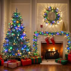 two christmas trees are decorated with lights and presents in front of a fire place that is lit