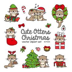 cute otters with christmas decorations and gifts in hand drawn style, on white background