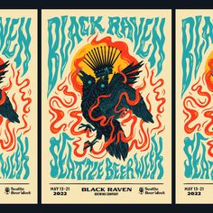 the black raven concert poster is shown in three different colors