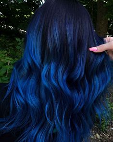 Hair Colors Inspirations, Black Blue Hair Color Short, Blue Bayalage Dark Hair, Vivid Blue Hair, Dimensional Blue Hair, Blue Dyed Hair Ideas, Brunette With Blue Highlights, Blue Bayalage Hair, Royal Blue Hair Color