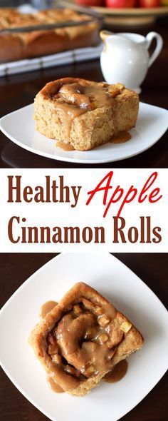 healthy apple cinnamon rolls on white plates with apples in the background and text overlay