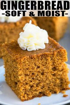 a close up of a piece of cake on a plate with the words gingerbread soft and moist