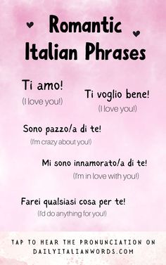 a pink and white poster with the words romantic italian phrases