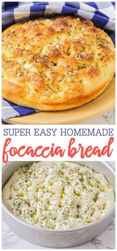 the recipe for super easy homemade focaccia bread is shown in this collage