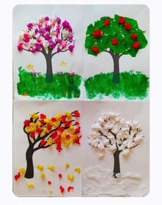 four different pictures of trees made out of tissue paper and colored crayon pencils