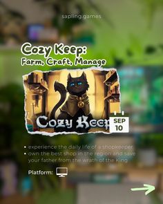 the cover for cozy keep farm craft manager, with an image of a black cat