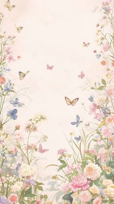 an image of flowers and butterflies in the sky