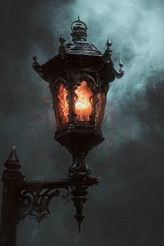 a street light with flames burning on it