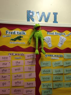 a bulletin board with words and a frog on it