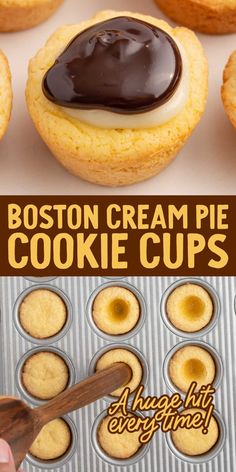 the boston cream pie cookie cups are ready to be eaten and served in muffin tins