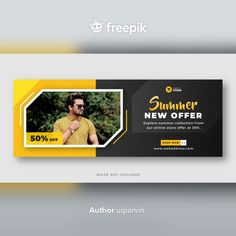 a yellow and black facebook cover with an image of a man in sunglasses on it