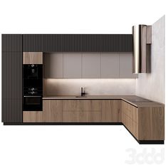 an image of a modern kitchen setting with wood cabinets and black appliances on the wall