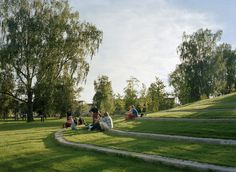 several people sitting on the grass in a park with trees and stairs leading up to them