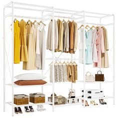 an organized closet with clothes, shoes and handbags hanging on the rack in front of it