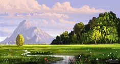 a painting of a river running through a lush green field with mountains in the background