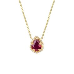 14k gold and pear shaped ruby, fracture filled for clarity enhancement, necklace from the Queen collection with 0.05ctw sprinkled white diamonds on a 16" or 18" chain. Yellow Gold Ruby Teardrop Necklace, Yellow Gold Teardrop Ruby Necklace, Teardrop Ruby Necklace In Yellow Gold, Fine Jewelry Ruby Necklace In Pear Shape, Ruby Teardrop Necklace Fine Jewelry, Fine Jewelry Ruby Teardrop Necklace, Ruby Teardrop Necklace In Fine Jewelry Style, Teardrop Ruby Necklace Fine Jewelry, Fine Jewelry Ruby Drop Necklaces