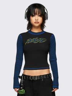 Own the Y2K grunge look with our Tribal Black Top with striped blue long sleeves. This Acubi-inspired piece packs serious Gen X Soft Club flair. Shop now at Minga London! Stripe Long Sleeve Outfit, Striped Long Sleeve Outfit, Gen X Soft Club, Unif Clothing, Minga London, Neckline Slimmer, London Models, Long Sleeve Outfits, Y2k Outfits