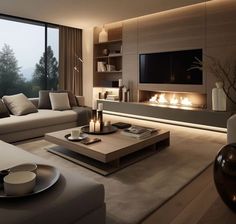 modern living room with fireplace and large windows