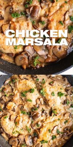 chicken marsala with mushrooms and parsley in a skillet