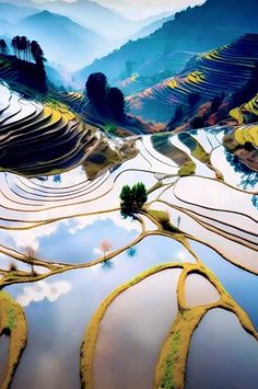 an aerial view of terraced rice fields in the mountains with blue sky and clouds