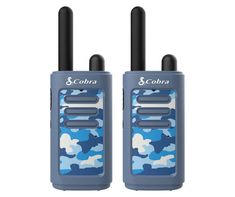 two walkie talkies with blue camo pattern and black handles on each one