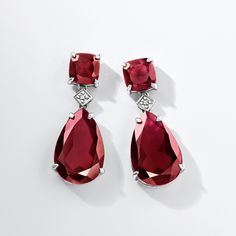 Ross-Simons - 25.00ct t. w. Garnet Drop Earrings, Diamond Accents in Silver. An RS exclusive. Bursting with the rich color of a perfectly aged merlot, these dramatic drop earrings deliver full-bodied color and glamorous shine. Featuring 25.00 ct. t. w. square cushion-cut and pear-shaped garnets and sparked with diamond accents. Set in polished sterling silver. Hanging length is 1 1/8". Post/clutch, garnet drop earrings. Garnet birthstones are the perfect gift for January birthdays. Red Diamond Drop Earrings For Formal Events, Red Diamond Drop Earrings For Formal Occasions, Formal Red Earrings With Diamond Accents, Formal Red Diamond Drop Earrings, Drop Earrings Diamond, Garnet Drop Earrings, Garnet Birthstone, January Birthday, Earrings Diamond