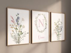 three framed art prints with flowers and the letter n