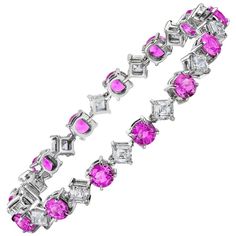 $84,218. Pink Sapphire and Diamond Platinum Bracelet | From a unique collection of vintage tennis bracelets at https://www.1stdibs.com/jewelry/bracelets/tennis-bracelets/ Elegant Pink Diamond Bracelet With Diamond Accents, Pink Diamond Bracelet Fine Jewelry, Luxury Pink Sapphire Elegant Bracelets, Luxury Pink Sapphire Bracelets, Pink Diamond Bracelet For Gift, Fine Jewelry, Platinum Bracelet, Vintage Tennis, Couture Jewelry