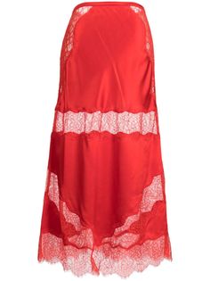 rose red silk satin weave lace panels bias cut elasticated waistband scallop hem mid-length Red Satin Skirt, Lace Midi Skirt, Scallop Hem, Lace Silk, Lace Midi, Silk Charmeuse, Satin Skirt, Silk Skirt, Red Satin