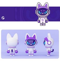 an animated character is shown in three different poses, including the head and body of a cat