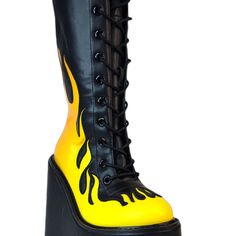 It’s Getting Hot In Here With The Dune Lace Up Flame Platform Boots From Yru. These Totally Hot Festival Boots Feature Black Vegan Leather Upper With Yellow Flame Printed Details, Lace Up Front, And Zipper Closure Up The Back. With These Cute Boots You’re Going To Need A Fire Extinguisher. "Dune Lace Up Flame Platform Boots 2 3/4” Platform, 6” Heel Vegan Patent Leather Thick Woven Laces Eva Platform W/ Patent Wrap Back Zipper Closure Black/Yellow" Yellow Lace-up Platform Boots, Yellow Synthetic Boots With Round Toe, Yellow Synthetic Round Toe Boots, Yellow Round Toe Synthetic Boots, Yellow Platform Lace-up Boots, Yellow High-top Boots For Streetwear, Yellow Lace-up Boots For Streetwear, Yellow Boots For Streetwear, Neon Punk Fashion