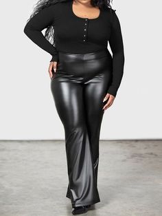 Introducing our Plus Size High Waist Wide-Leg Trousers â€?the epitome of style and comfort for every season!Material: Crafted from high-quality Faux Leather. these trousers exude sophistication and luxury while being environmentally conscious.Style and Fit: Embrace the loose and relaxed fit that's perfect for casual outings or dressing up for special occasions. The wide-leg design adds a touch of elegance to your ensemble. making you stand out in the crowd.Color and Size: Available in classic Bl Sleek Fitted Bottoms For Fall, Sleek High Waist Pants For Fall, Sleek High Waist Fall Pants, Sleek High-waist Pants For Fall, Sleek High-waisted Fall Pants, Black Elastane Wide Leg Pants For Fall, Sleek Straight Leg Winter Bottoms, Black Stretch Wide Leg Leather Pants, Full Length Dress Pants For Night Out In Fall