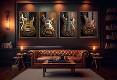 three guitars are hanging on the wall in this living room with leather couches and coffee table