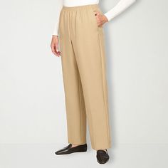 Alfred Dunner is known for their modern tailoring and style, and this pair of women's pants stay true to the brand's heritage. Made from a soft woven fabric in a relaxed-fit with straight legs, they have a comfortable elastic-waistband, a pleated front, and side pockets. Wear with a button-down or t-shirt and flat shoes.Front Style: Flat FrontFeatures: EssentialsClosure Type: Full ElasticFit: Relaxed FitPockets: 2 Side Slip PocketsRise: Mid RiseFiber Content: 100% PolyesterFabric Description: Wo Classic Pull-on Style Bottoms For Fall, Classic Wide Leg Pants With Pockets For Daywear, Classic Wide Leg Pants For Daywear, Classic Beige Straight Leg Bottoms, Classic Beige Bottoms For Fall, Beige Dress Pants With Elastic Waistband For Work, Classic Relaxed Fit Bottoms For Daywear, Classic Pull-on Bottoms For Business Casual, Classic Straight Wide Leg Pants With Elastic Waistband